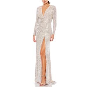 Mac Duggal 26490 Long Sleeve V-Neck Column Evening Gown Silver Size 12 Dress